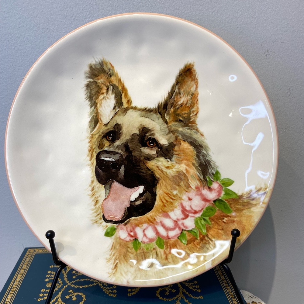 Pier 1 Dolomite Design Posh Puppy Dog Pink Trim 8.5 in. Plate German Shepherd